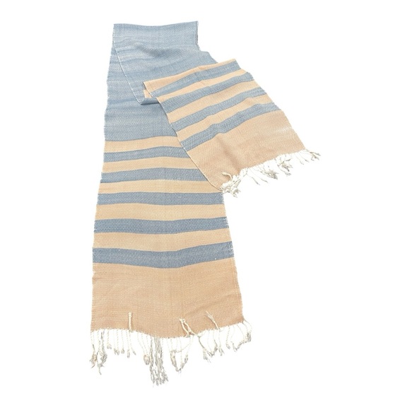 Handwoven Striped Blue and Beige Scarf with fringe. Made in Thailand. - Picture 2 of 3